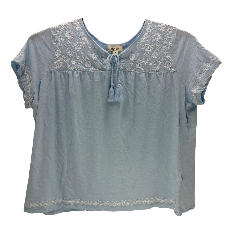 Style & Co Cotton Blend Blue White Floral Short Sleeve Pull-On Women 2X Shirt